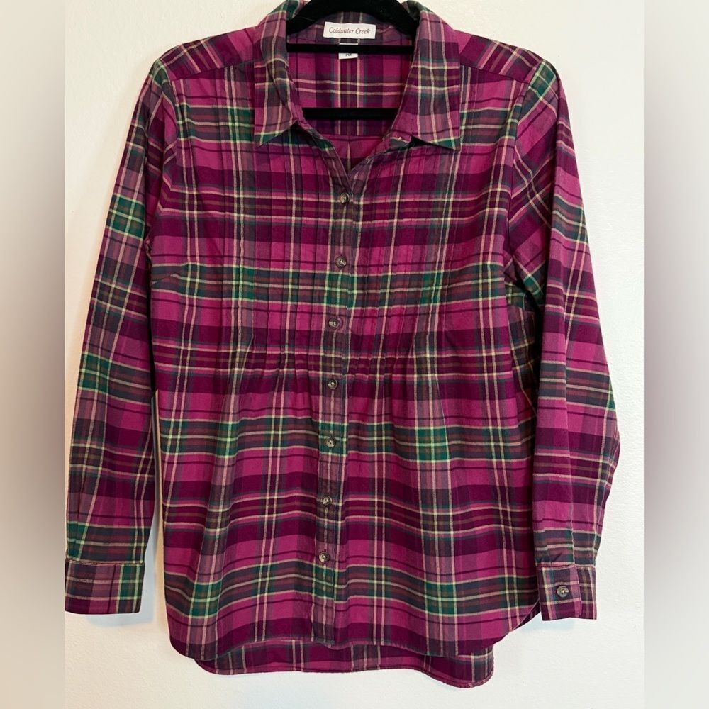 Coldwater Creek Blouse Top Size PM Purple Plaid Flannel Button Down Pleats